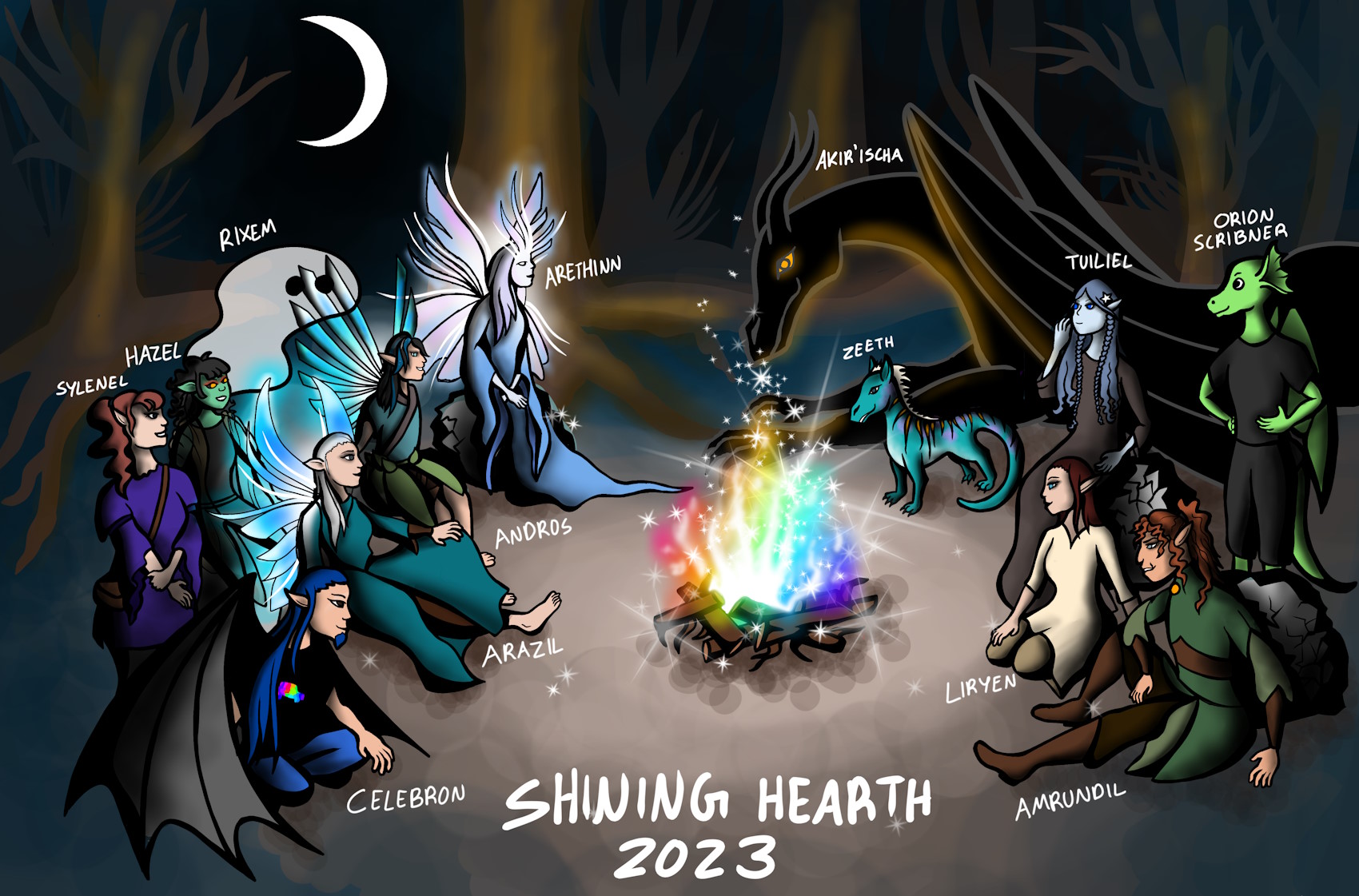 Nine elves and fae of various descriptions, along with three dragons and a ghost, seated around a campfire in the woods. The fire shines with rainbow-colored flame and a waxing crescent moon hangs in the sky.